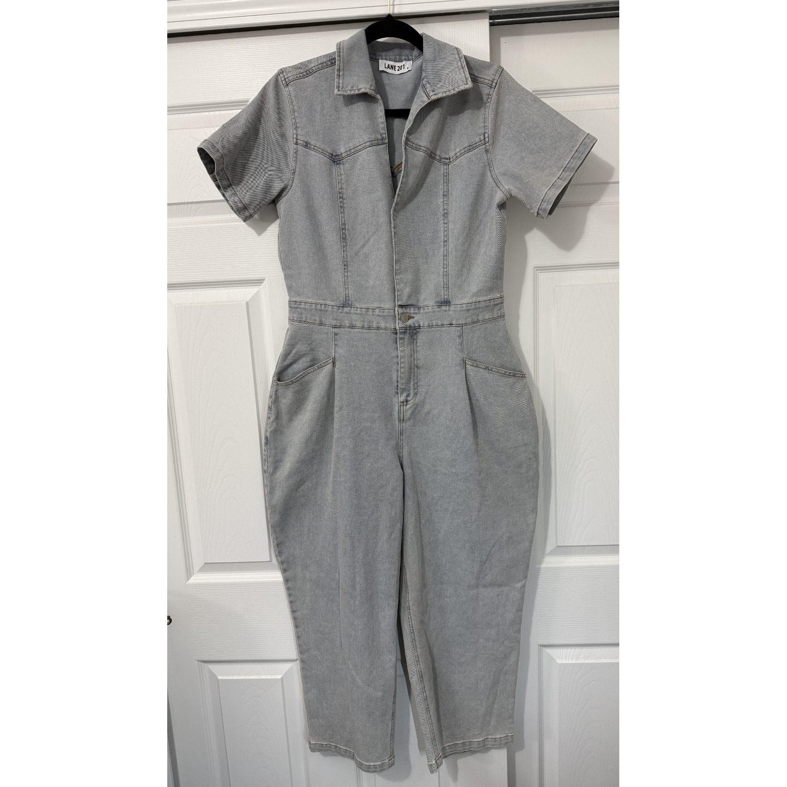 Lane 201 Jumpsuit Women Size Medium Blue Denim Light Wash Y2k Retro Short Sleeve